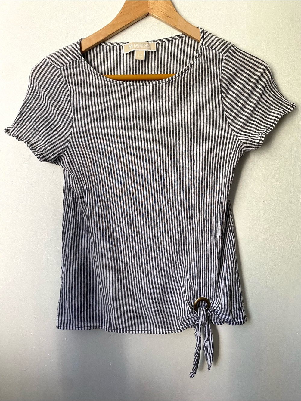 Michael Kors Grey White Striped Tie-Hem Short Sleeve Top